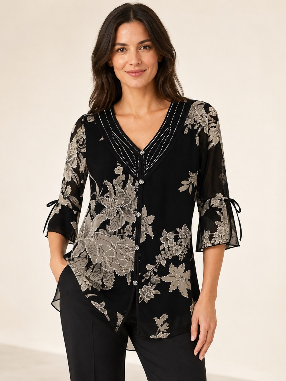 Design Works Floral Rhinestone Tunic Blouse S